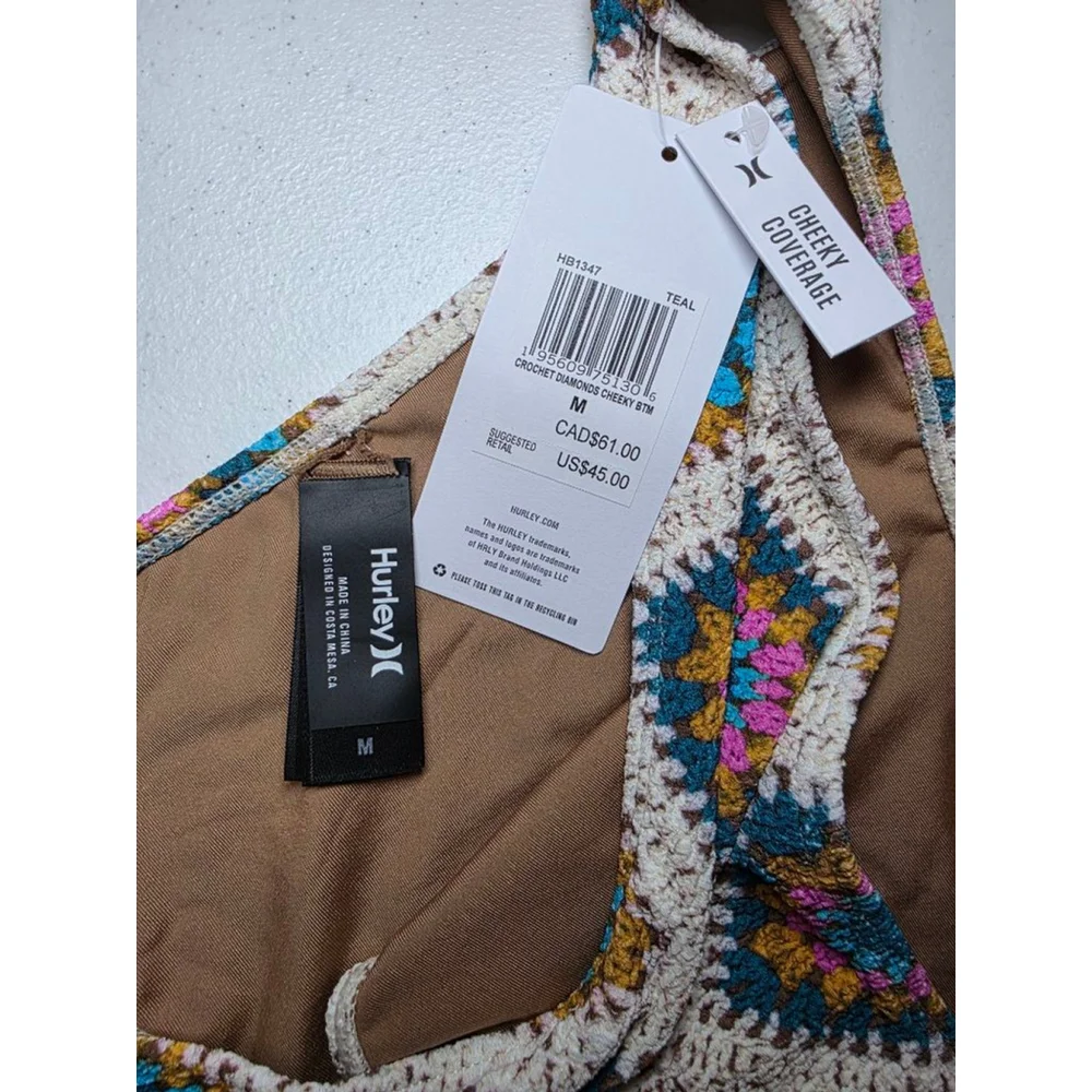 Hurley Crochet Diamond Print Cheeky Bikini Bottom Size M NWT Boho Beach Y2K